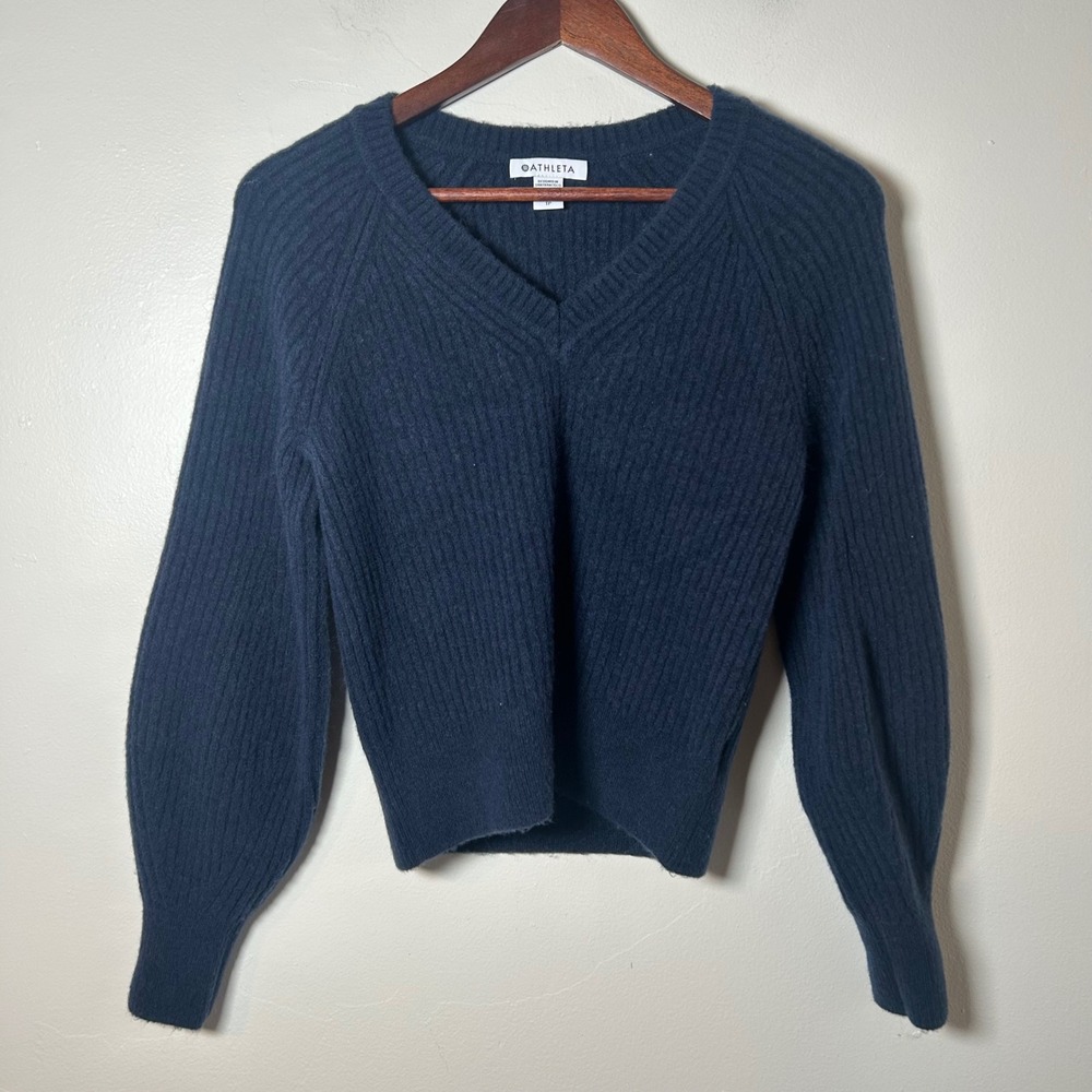Athleta Navy Ribbed V Neck Merino Wool Blend Sweater‎ Long Sleeve Women XS